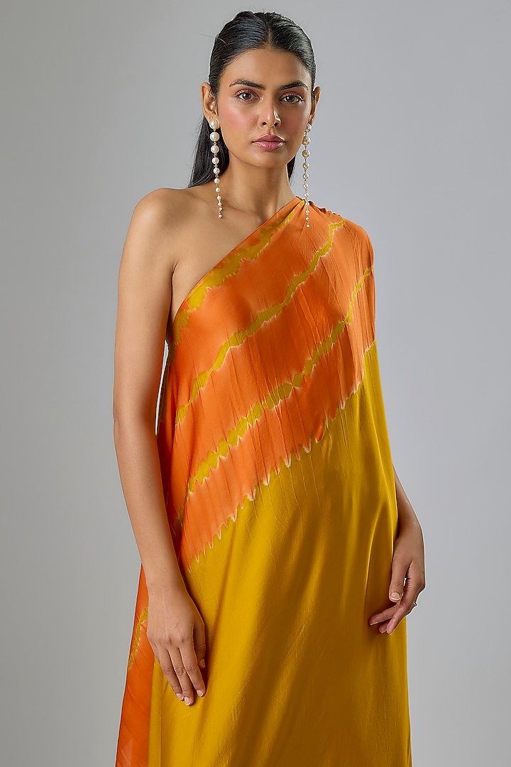 Gold Silk Satin Georgette Leheriya Tunic Set by Stephany at Pernia's Pop Up Shop