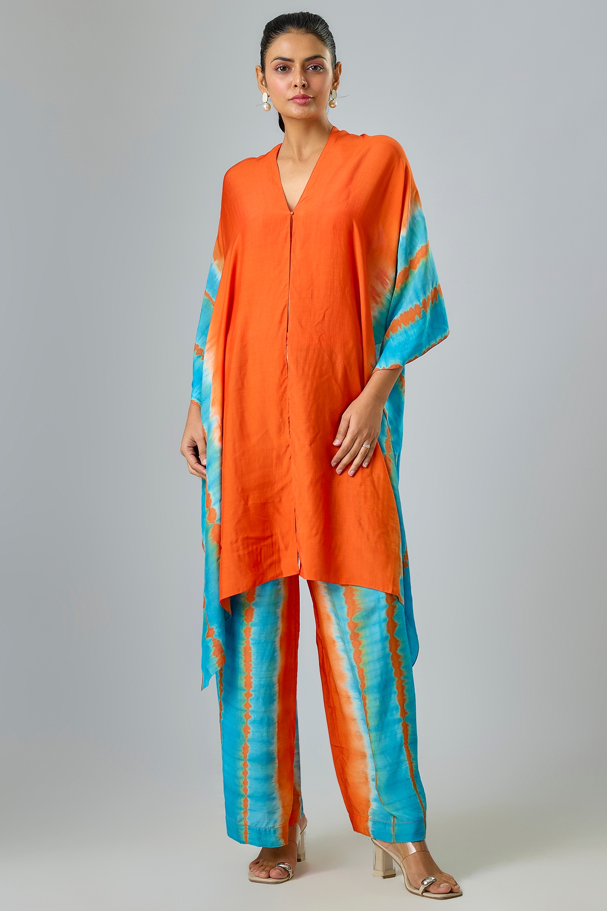 Stephany Blue Silk Satin Georgette Leheriya Kaftan Set