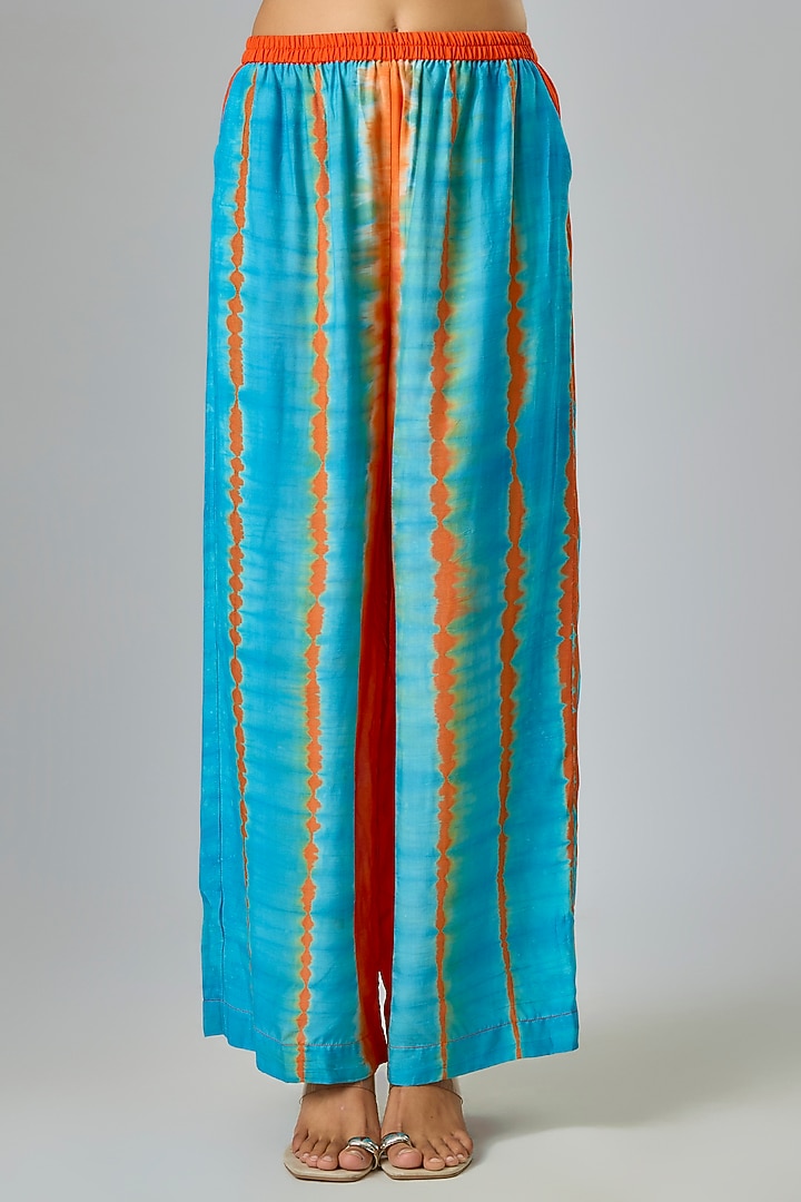 Blue Silk Satin Georgette Leheriya Kaftan Set by Stephany at Pernia's Pop Up Shop