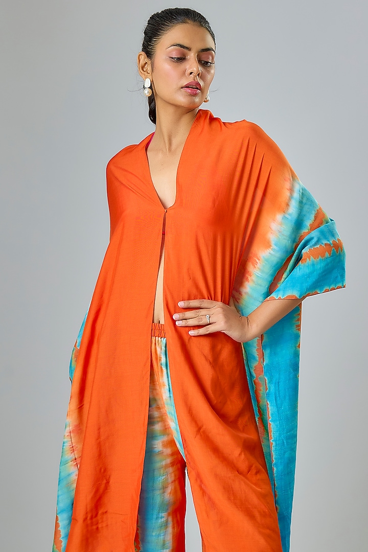 Blue Silk Satin Georgette Leheriya Kaftan Set by Stephany at Pernia's Pop Up Shop