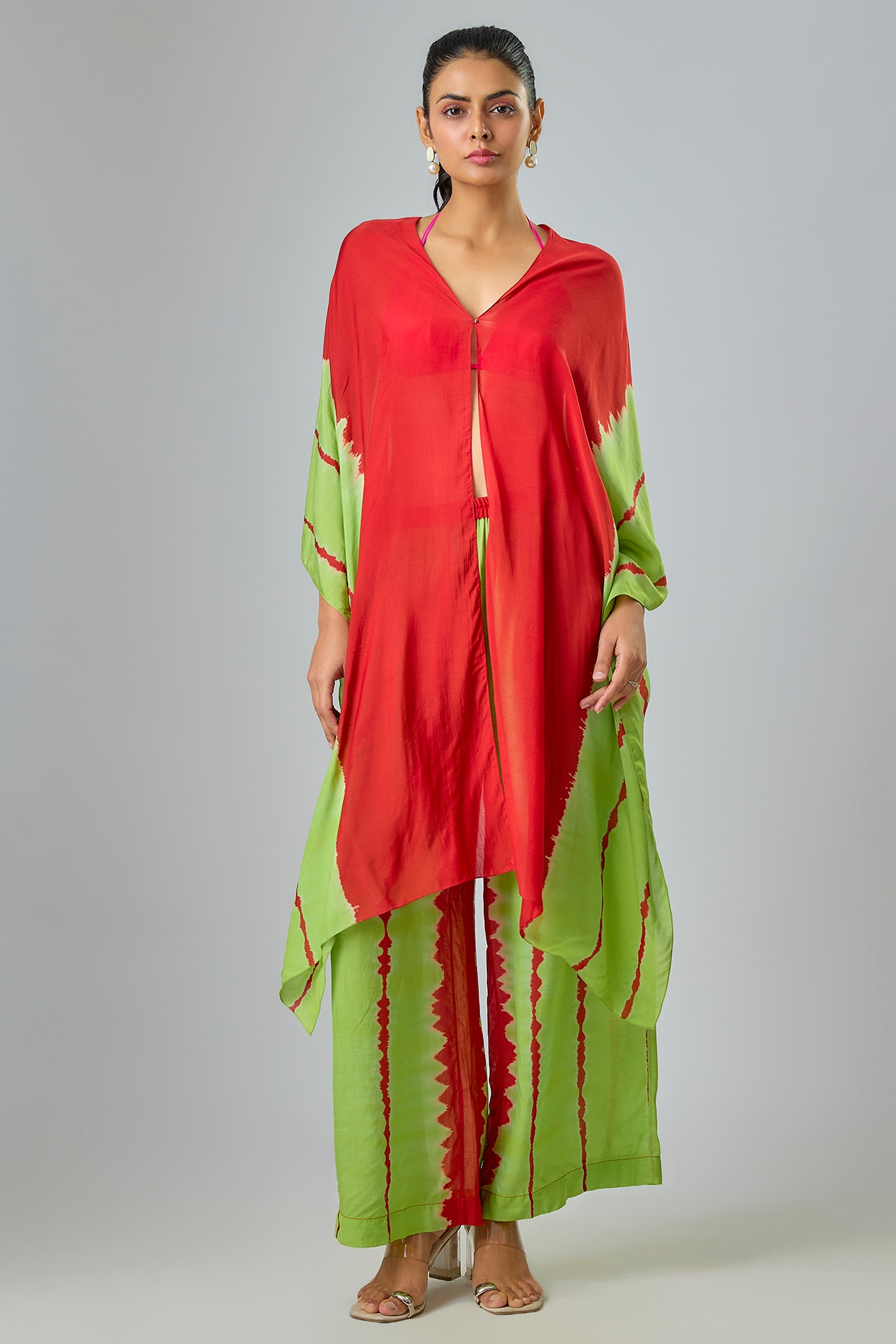 Stephany Red Silk Satin Georgette Leheriya Kaftan Set