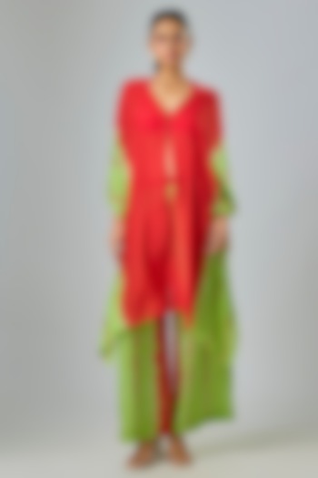 Red Silk Satin Georgette Leheriya Kaftan Set by Stephany at Pernia's Pop Up Shop