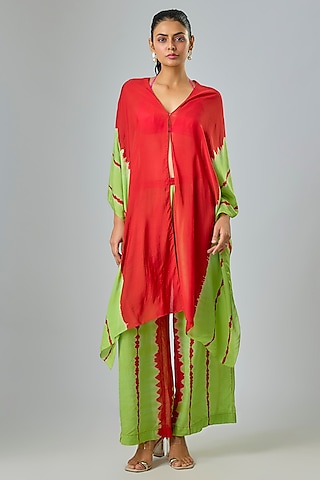 Red Silk Satin Georgette Leheriya Kaftan Set by Stephany