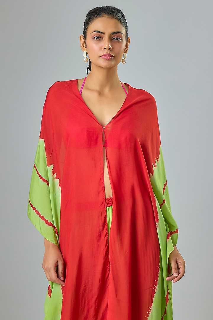 Red Silk Satin Georgette Leheriya Kaftan Set by Stephany at Pernia's Pop Up Shop