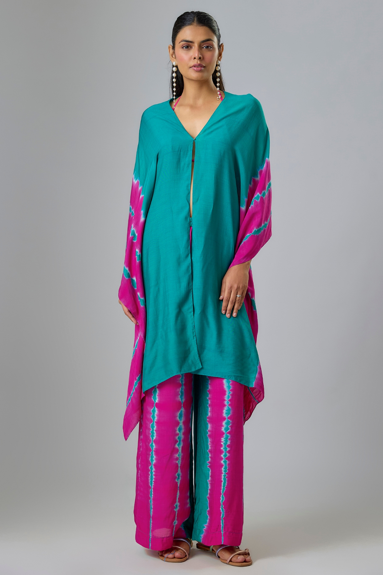 Stephany Green Silk Satin Georgette Leheriya Kaftan Set