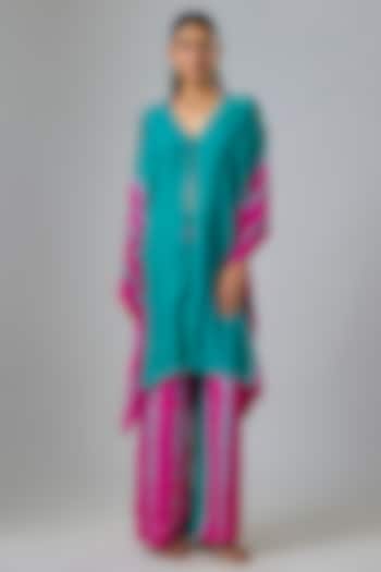 Green Silk Satin Georgette Leheriya Kaftan Set by Stephany at Pernia's Pop Up Shop