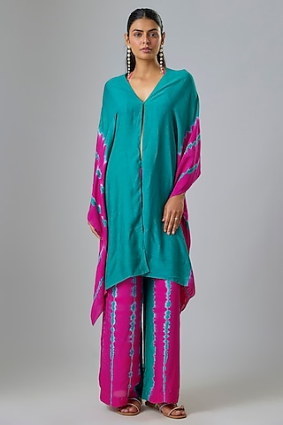 Green Silk Satin Georgette Leheriya Kaftan Set by Stephany