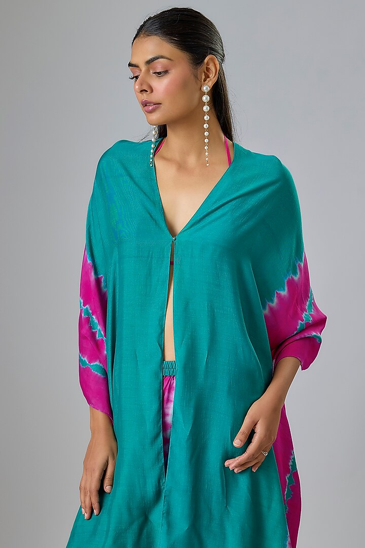 Green Silk Satin Georgette Leheriya Kaftan Set by Stephany at Pernia's Pop Up Shop