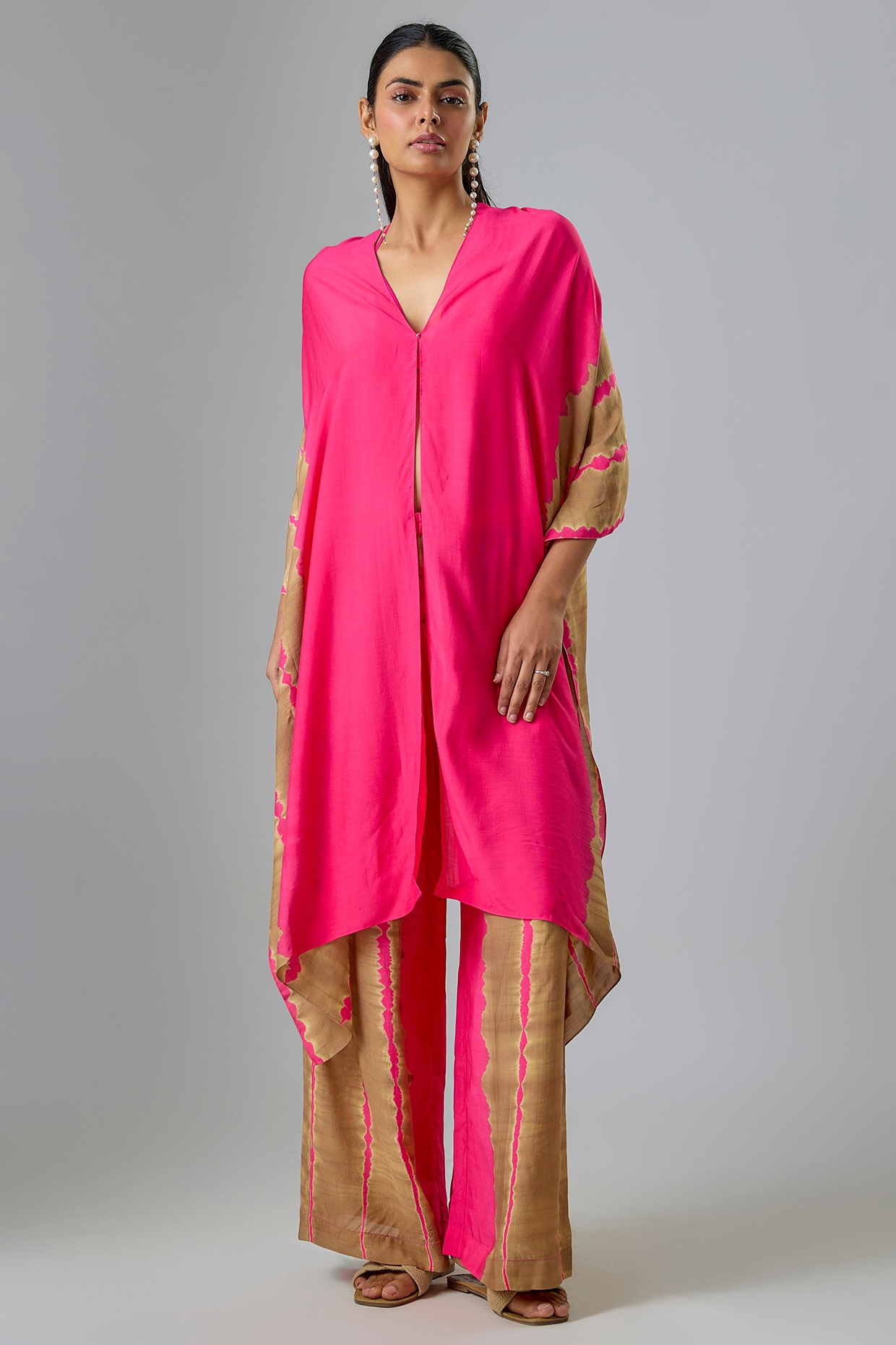Stephany Pink Silk Satin Georgette Leheriya Kaftan Set