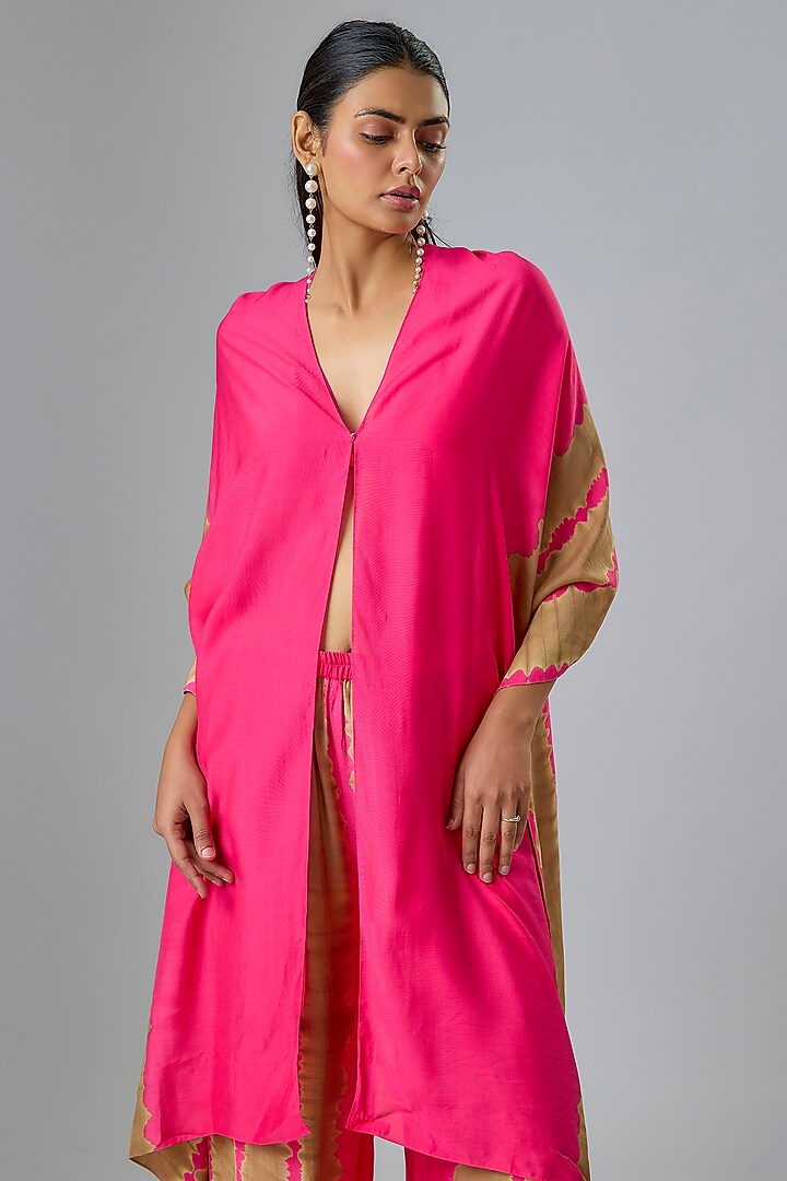 Pink Silk Satin Georgette Leheriya Kaftan Set by Stephany at Pernia's Pop Up Shop