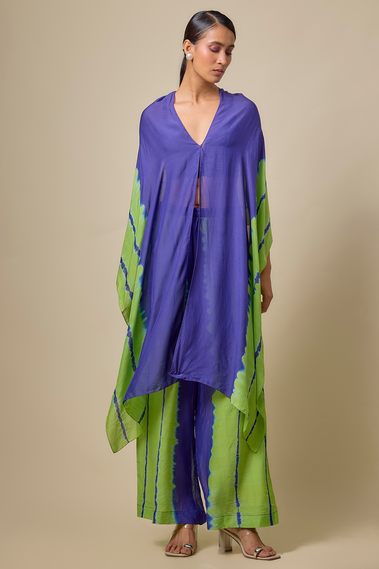 Stephany Purple Silk Satin Georgette Leheriya Kaftan Set