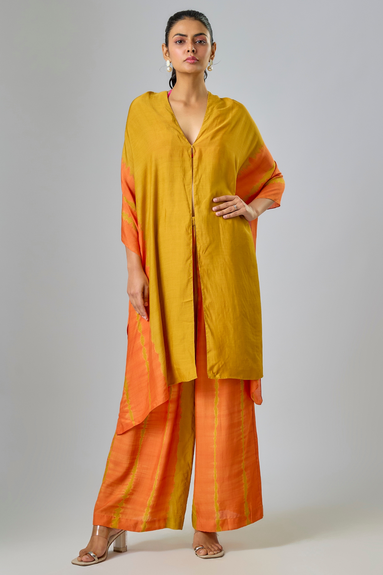 Stephany Gold Silk Satin Georgette Leheriya Kaftan Set