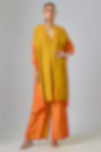 Gold Silk Satin Georgette Leheriya Kaftan Set by Stephany at Pernia's Pop Up Shop