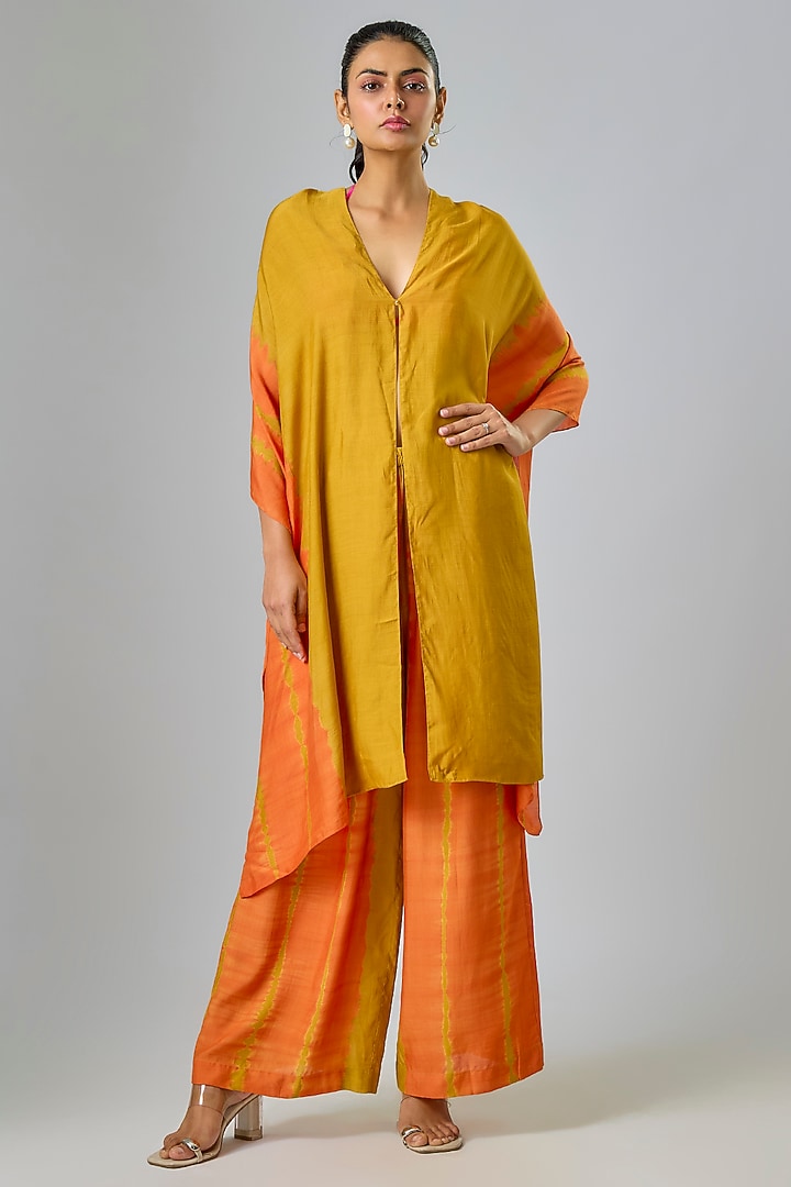 Gold Silk Satin Georgette Leheriya Kaftan Set by Stephany at Pernia's Pop Up Shop