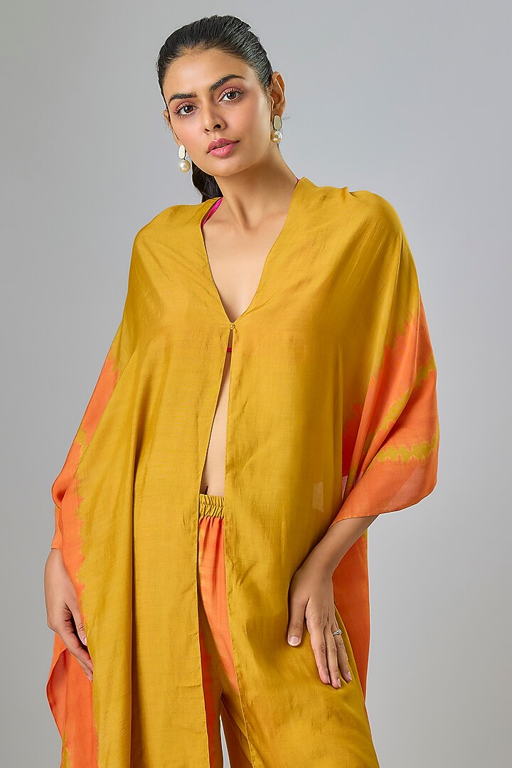 Gold Silk Satin Georgette Leheriya Kaftan Set by Stephany at Pernia's Pop Up Shop