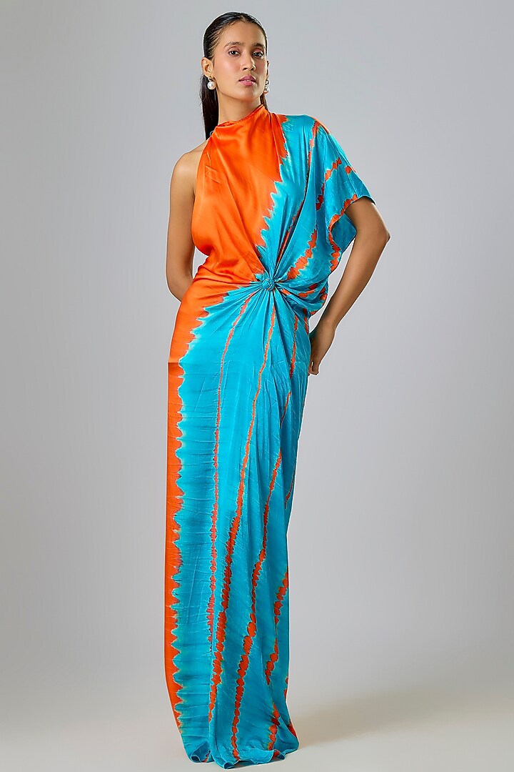 Blue Silk Lycra Satin Leheriya One Shoulder Vacation Dress by Stephany at Pernia's Pop Up Shop