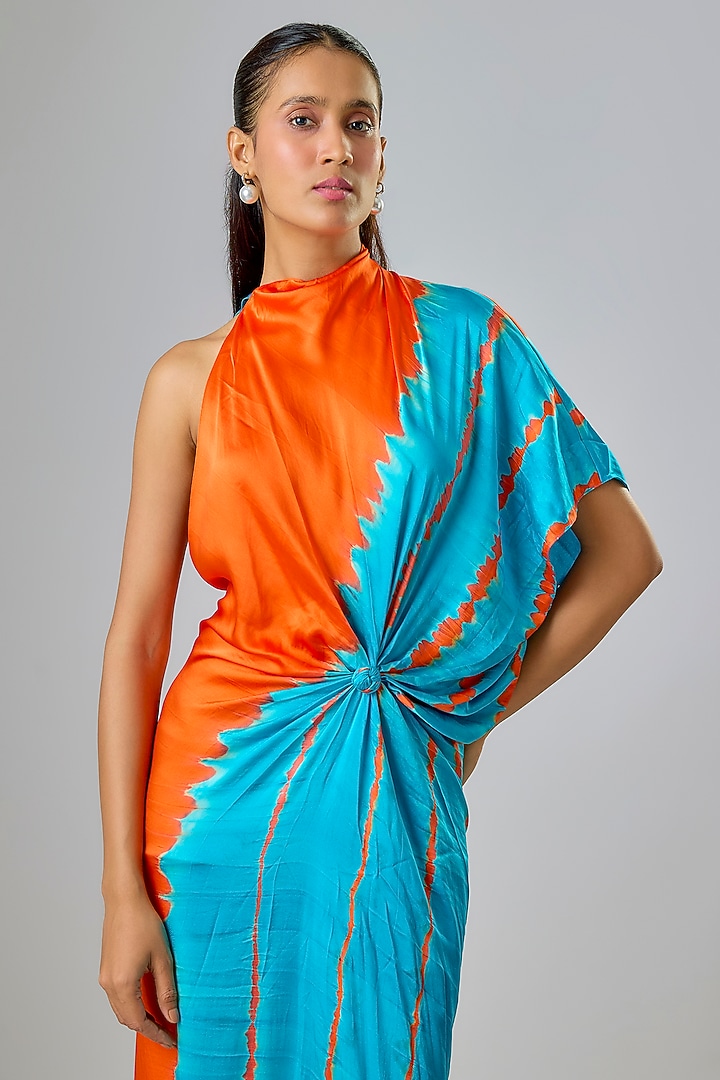 Blue Silk Lycra Satin Leheriya One Shoulder Vacation Dress by Stephany at Pernia's Pop Up Shop