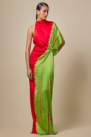 Red Silk Lycra Satin Leheriya One Shoulder Dress by Stephany