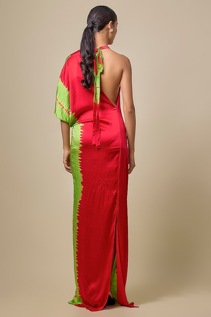 Red Silk Lycra Satin Leheriya One Shoulder Vacation Dress by Stephany at Pernia's Pop Up Shop