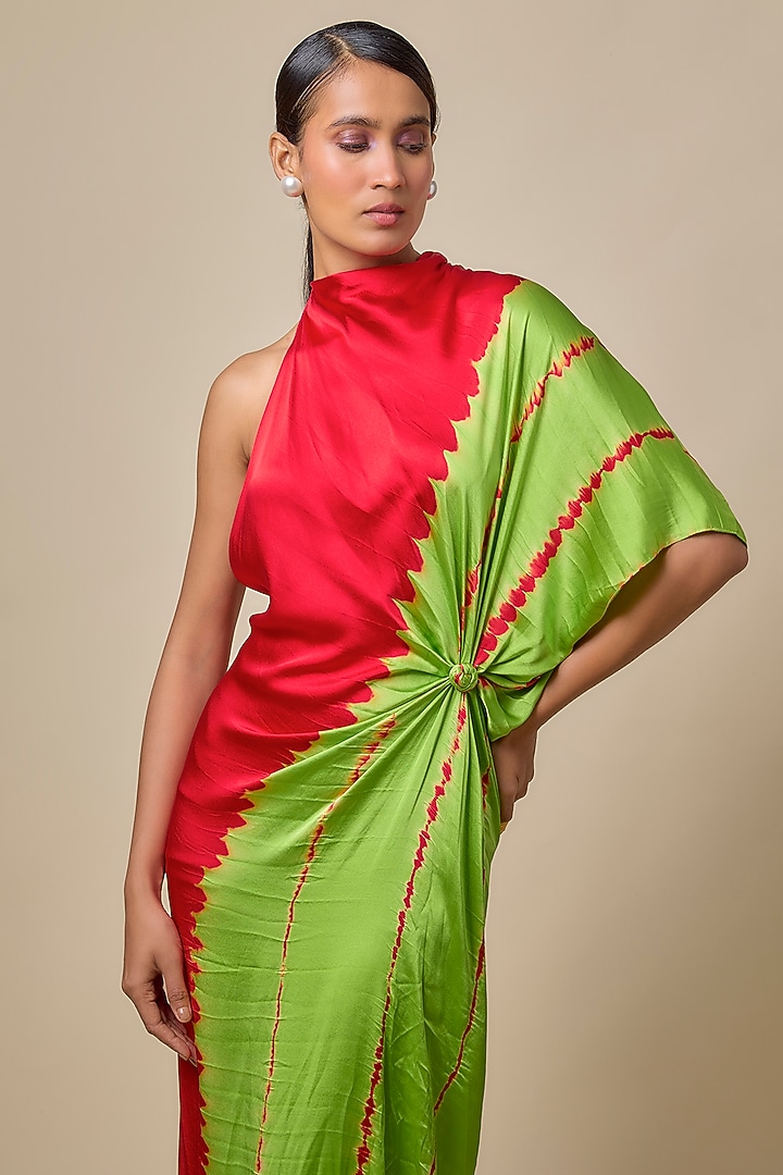 Red Silk Lycra Satin Leheriya One Shoulder Vacation Dress by Stephany at Pernia's Pop Up Shop