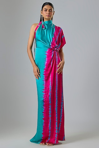 Green Silk Lycra Satin Leheriya One Shoulder Dress by Stephany