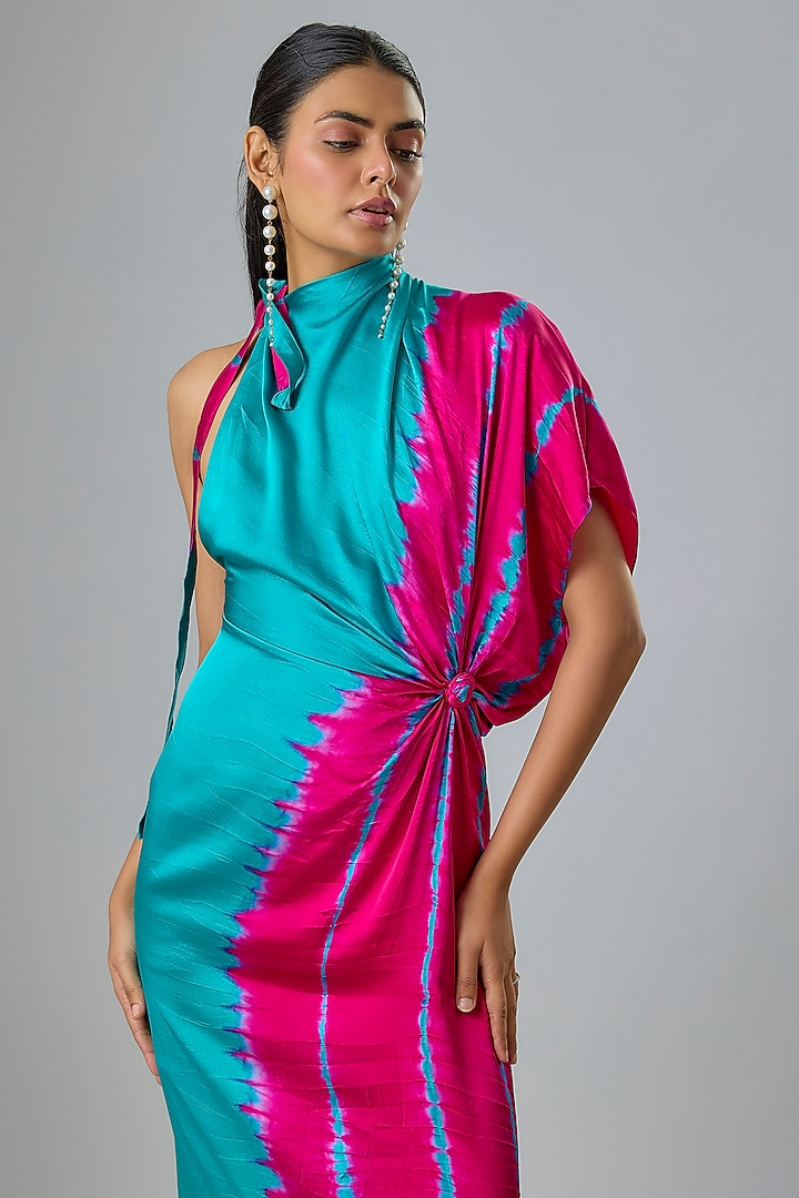 Green Silk Lycra Satin Leheriya One Shoulder Vacation Dress by Stephany at Pernia's Pop Up Shop