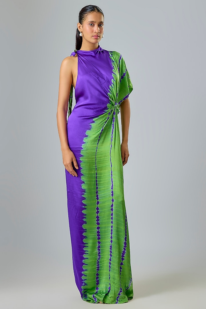 Purple Silk Lycra Satin Leheriya One Shoulder Vacation Dress by Stephany at Pernia's Pop Up Shop