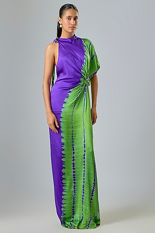 Purple Silk Lycra Satin Leheriya One Shoulder Dress by Stephany