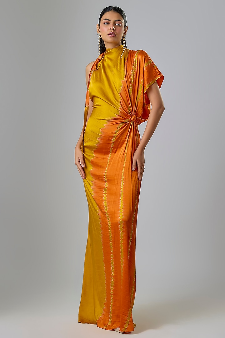 Gold Silk Lycra Satin Leheriya One Shoulder Vacation Dress by Stephany at Pernia's Pop Up Shop