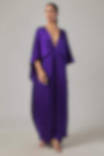 Purple Silk Satin Tie-Up Kaftan Jumpsuit by Stephany at Pernia's Pop Up Shop
