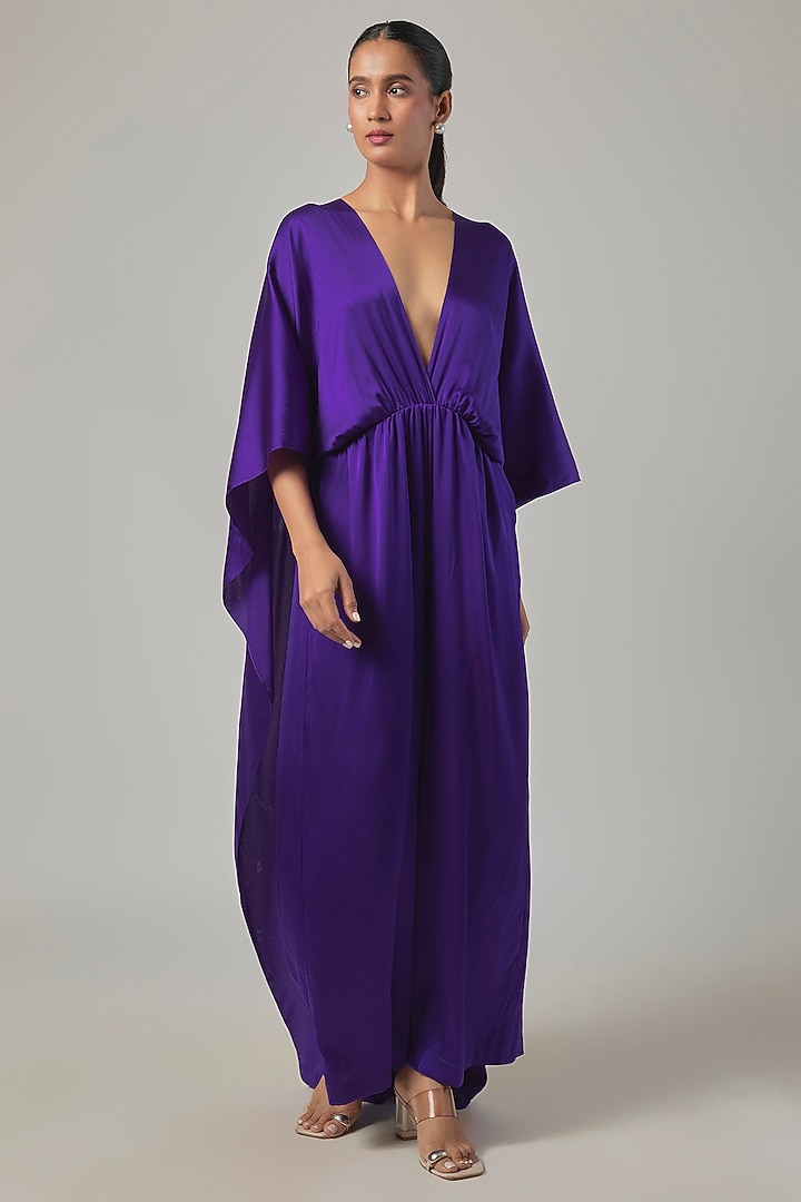 Purple Silk Satin Tie-Up Kaftan Jumpsuit by Stephany at Pernia's Pop Up Shop