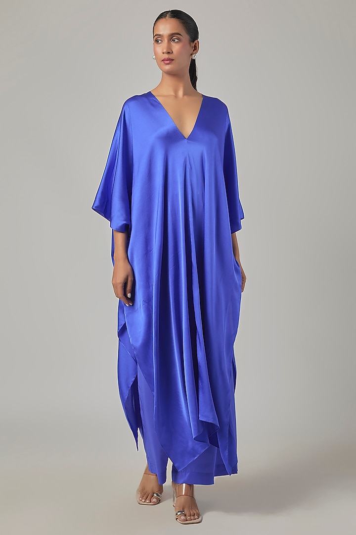 Cobalt Blue Silk Satin Tie-Up Tunic Set by Stephany at Pernia's Pop Up Shop
