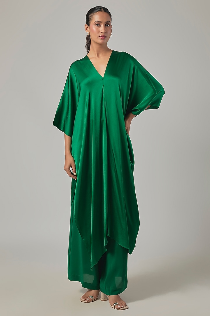 Pine Green Silk Satin Tie-Up Tunic Set by Stephany at Pernia's Pop Up Shop