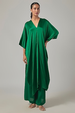 Pine Green Silk Satin Tie-Up Tunic Set by Stephany