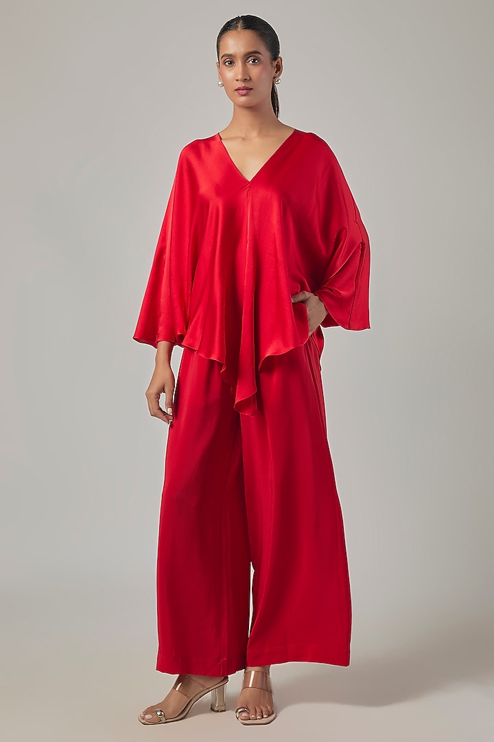 Red Silk Satin & Silk Crepe Co-Ord Set by Stephany at Pernia's Pop Up Shop