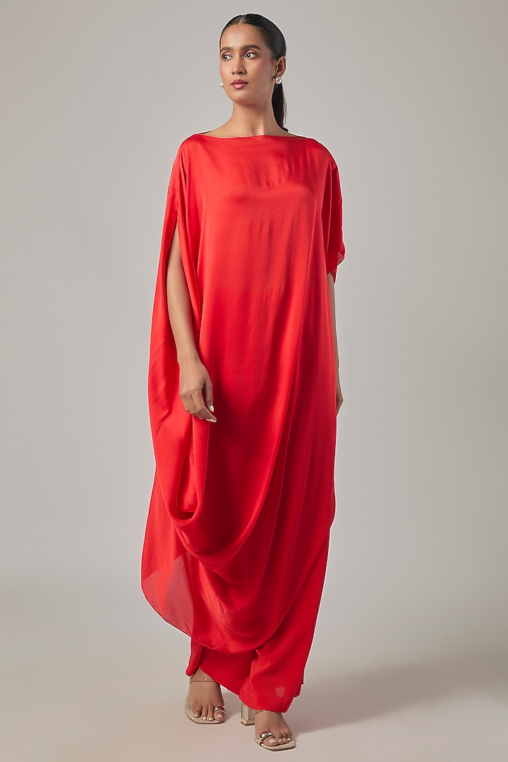Scarlet Silk Satin Draped Tunic Set by Stephany at Pernia's Pop Up Shop