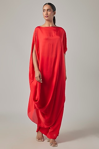 Scarlet Silk Satin Draped Tunic Set by Stephany