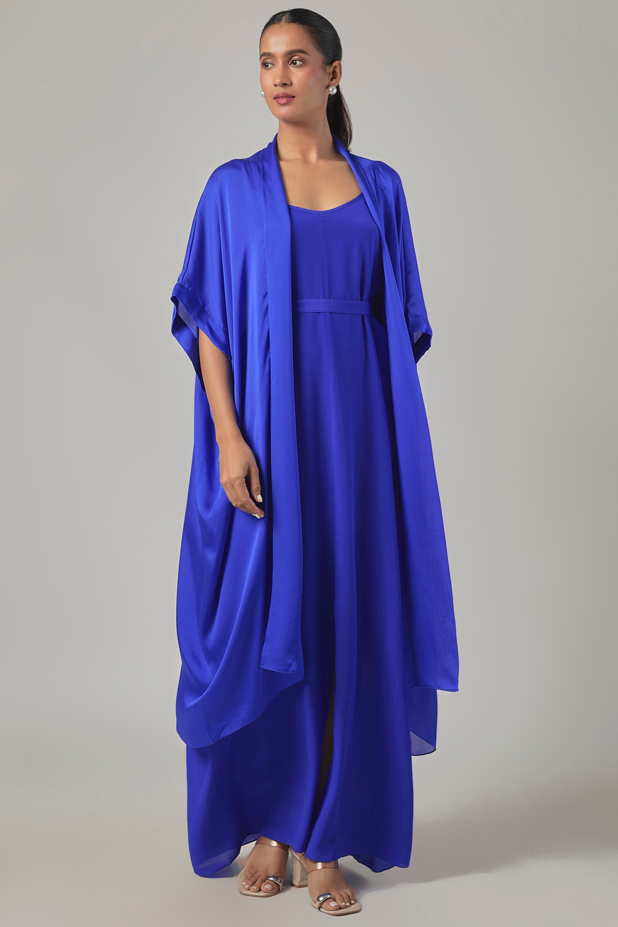 Stephany Cobalt Blue Silk Crepe & Silk Satin Georgette Slip Jacket Dress