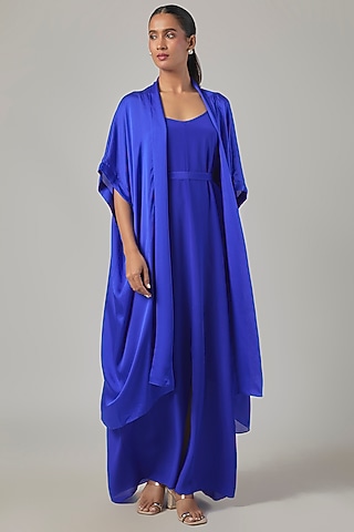 Cobalt Blue Silk Crepe & Silk Satin Georgette Slip Jacket Dress by Stephany