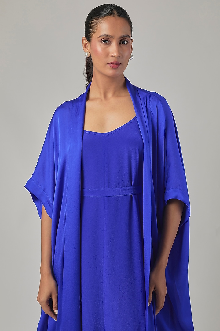 Cobalt Blue Silk Crepe & Silk Satin Georgette Slip Jacket Cocktail Dress by Stephany at Pernia's Pop Up Shop