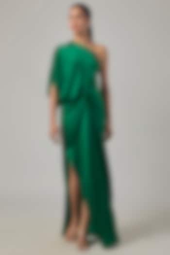 Pine Green Silk Satin One-Shoulder Knotted Vacation Dress by Stephany at Pernia's Pop Up Shop