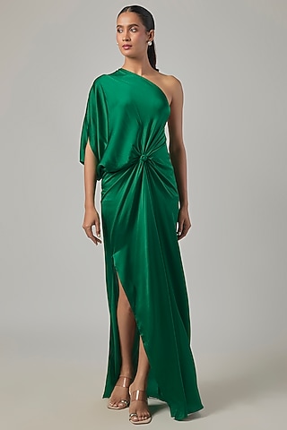 Pine Green Silk Satin One-Shoulder Knotted Dress by Stephany
