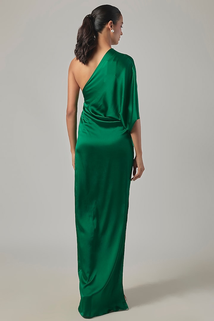Pine Green Silk Satin One-Shoulder Knotted Vacation Dress by Stephany at Pernia's Pop Up Shop