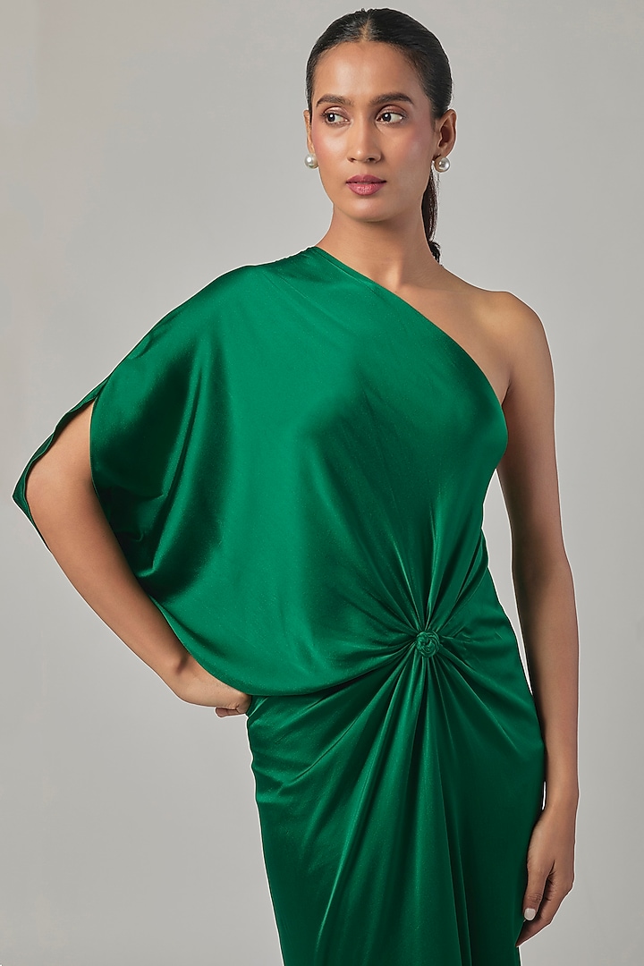 Pine Green Silk Satin One-Shoulder Knotted Vacation Dress by Stephany at Pernia's Pop Up Shop