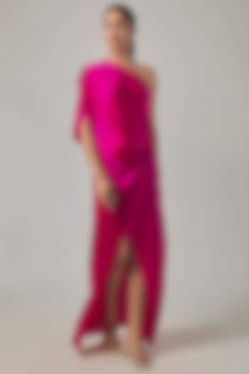 Hot Pink Silk Satin One-Shoulder Knotted Vacation Dress by Stephany at Pernia's Pop Up Shop