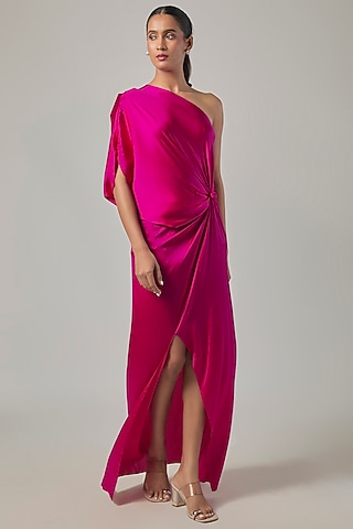 Hot Pink Silk Satin One-Shoulder Knotted Dress by Stephany