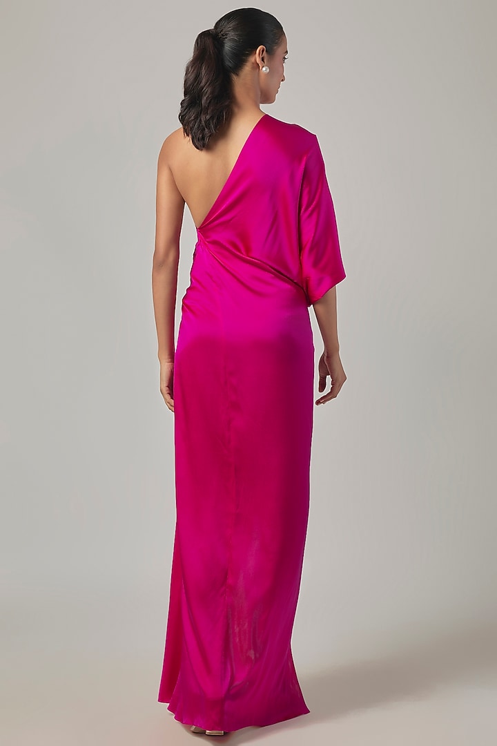 Hot Pink Silk Satin One-Shoulder Knotted Vacation Dress by Stephany at Pernia's Pop Up Shop