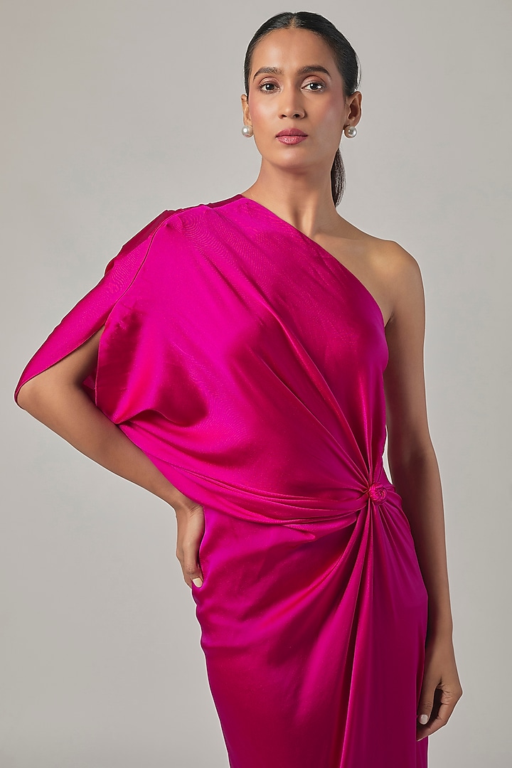 Hot Pink Silk Satin One-Shoulder Knotted Vacation Dress by Stephany at Pernia's Pop Up Shop