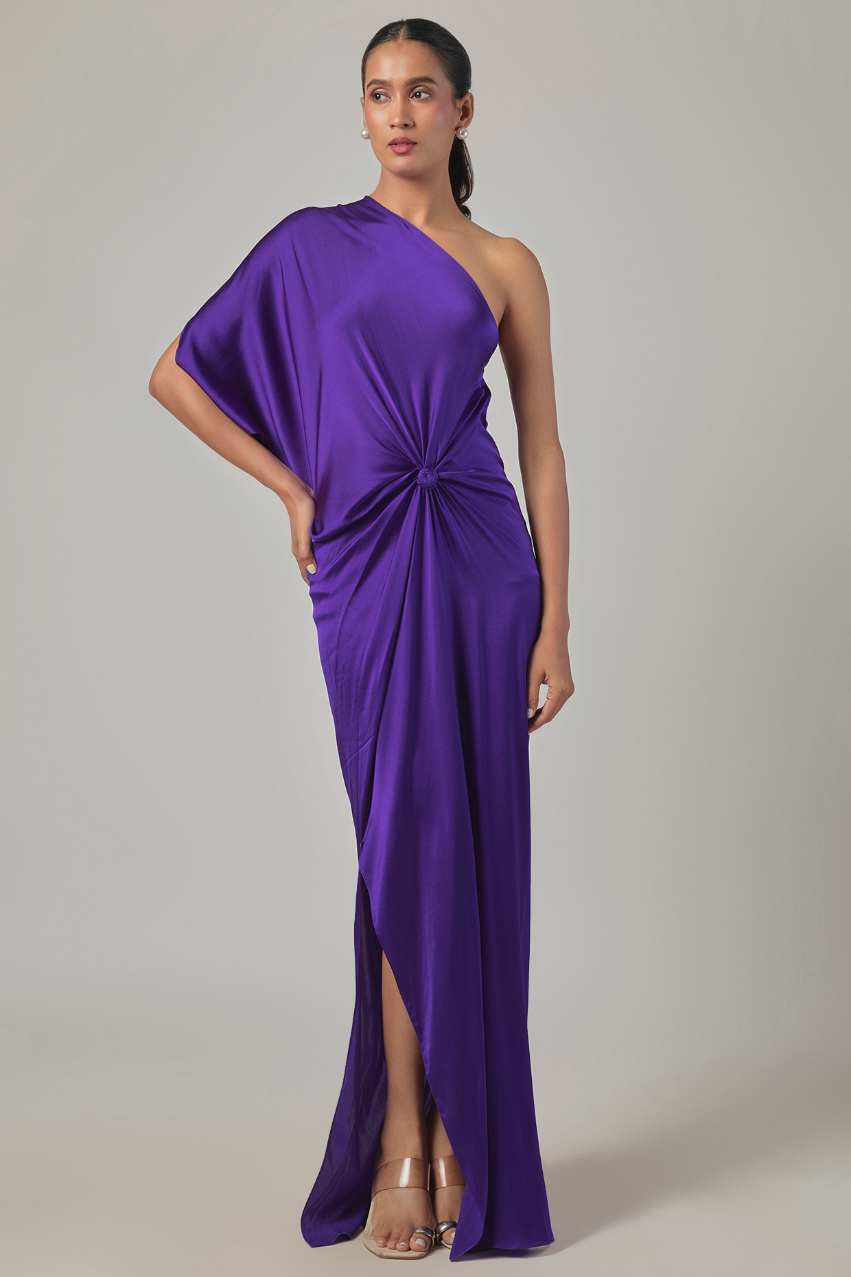 Stephany Purple Silk Satin One-Shoulder Knotted Dress