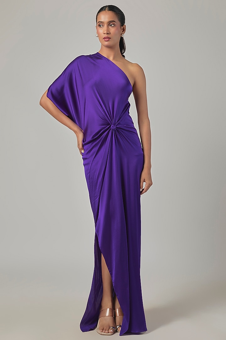 Purple Silk Satin One-Shoulder Knotted Vacation Dress by Stephany at Pernia's Pop Up Shop